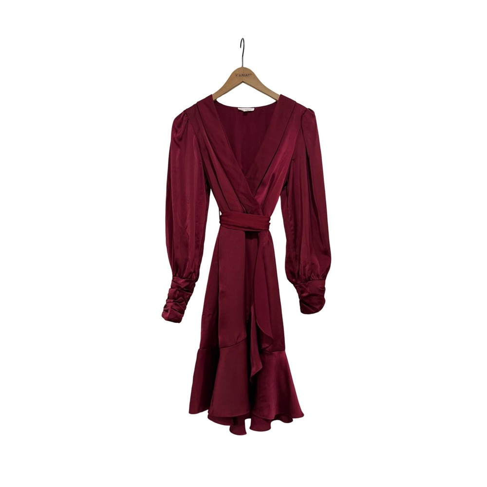 Blu Pepper Burgundy Satin Wrap Dress Long Lantern Sleeve Ruffle Hem Medium